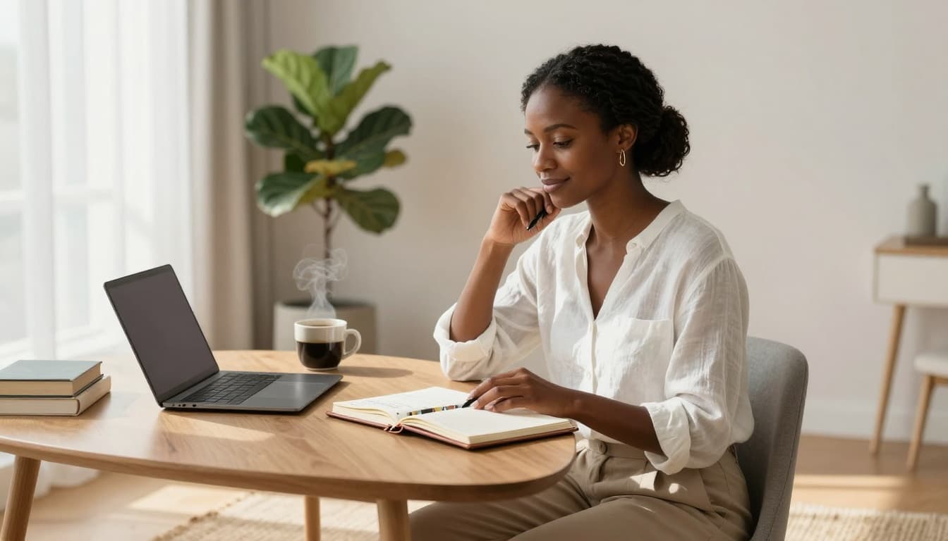 Woman planning at a home desk with a notebook, reflecting on goals and redefining success as life evolves.