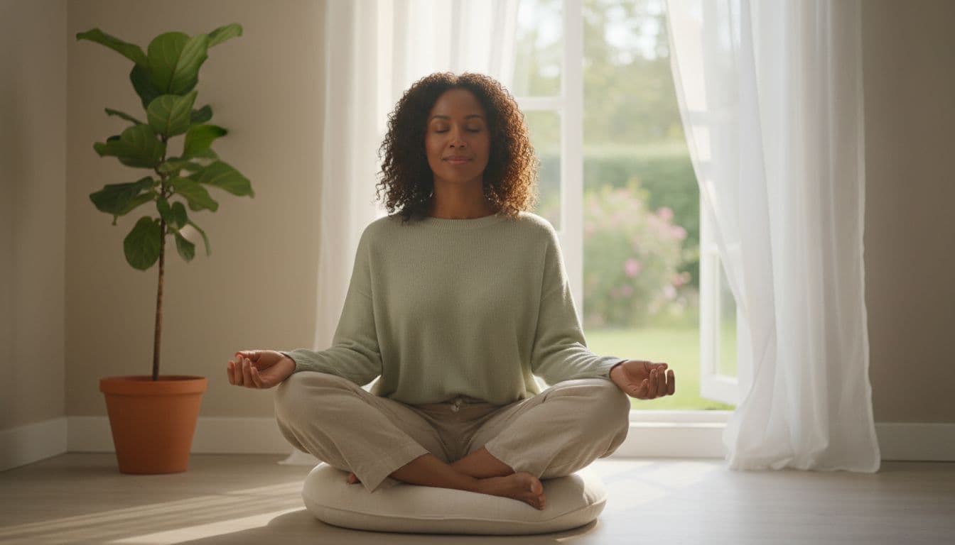 Black woman sitting cross-legged and meditating in a bright, peaceful room with natural light.