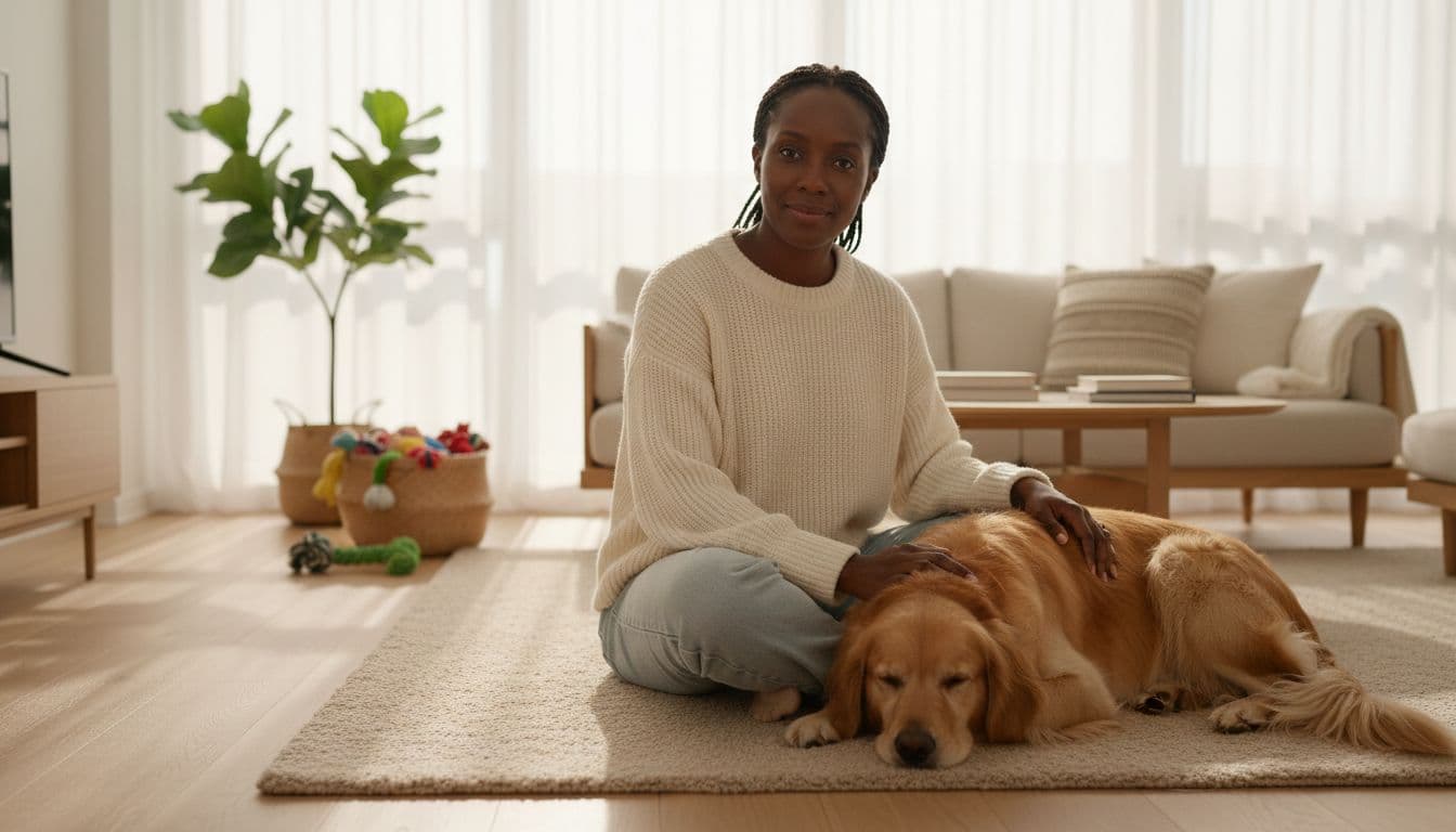 Pet parent sitting on the floor with her dog at home as part of a healthy routine to help prevent UTIs in dogs