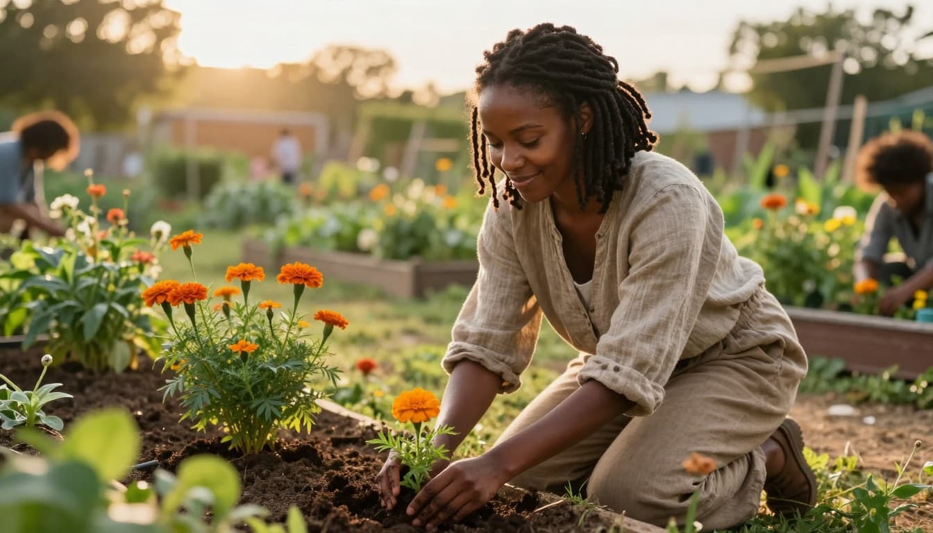 Woman planting flowers in a community garden, finding purpose and fulfillment beyond traditional measures of success.