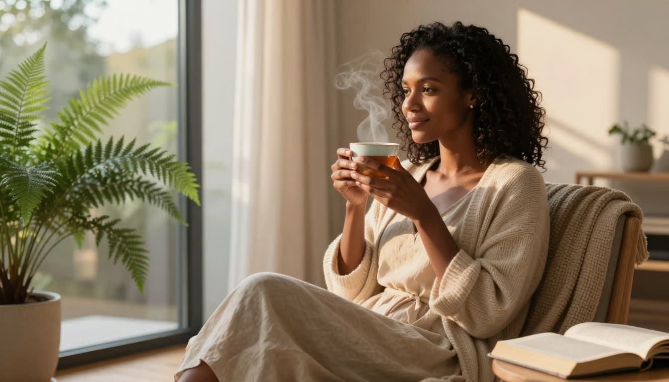 Woman sitting comfortably by a window enjoying tea in a peaceful, relaxed moment