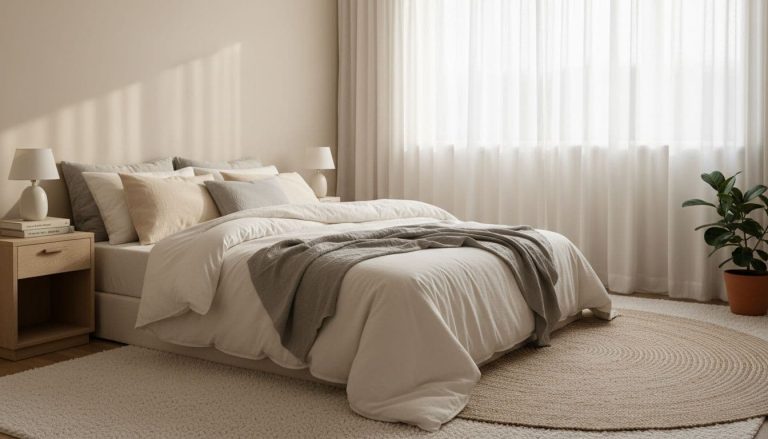 Large bed in a calm, neutral bedroom with soft natural light and uncluttered space