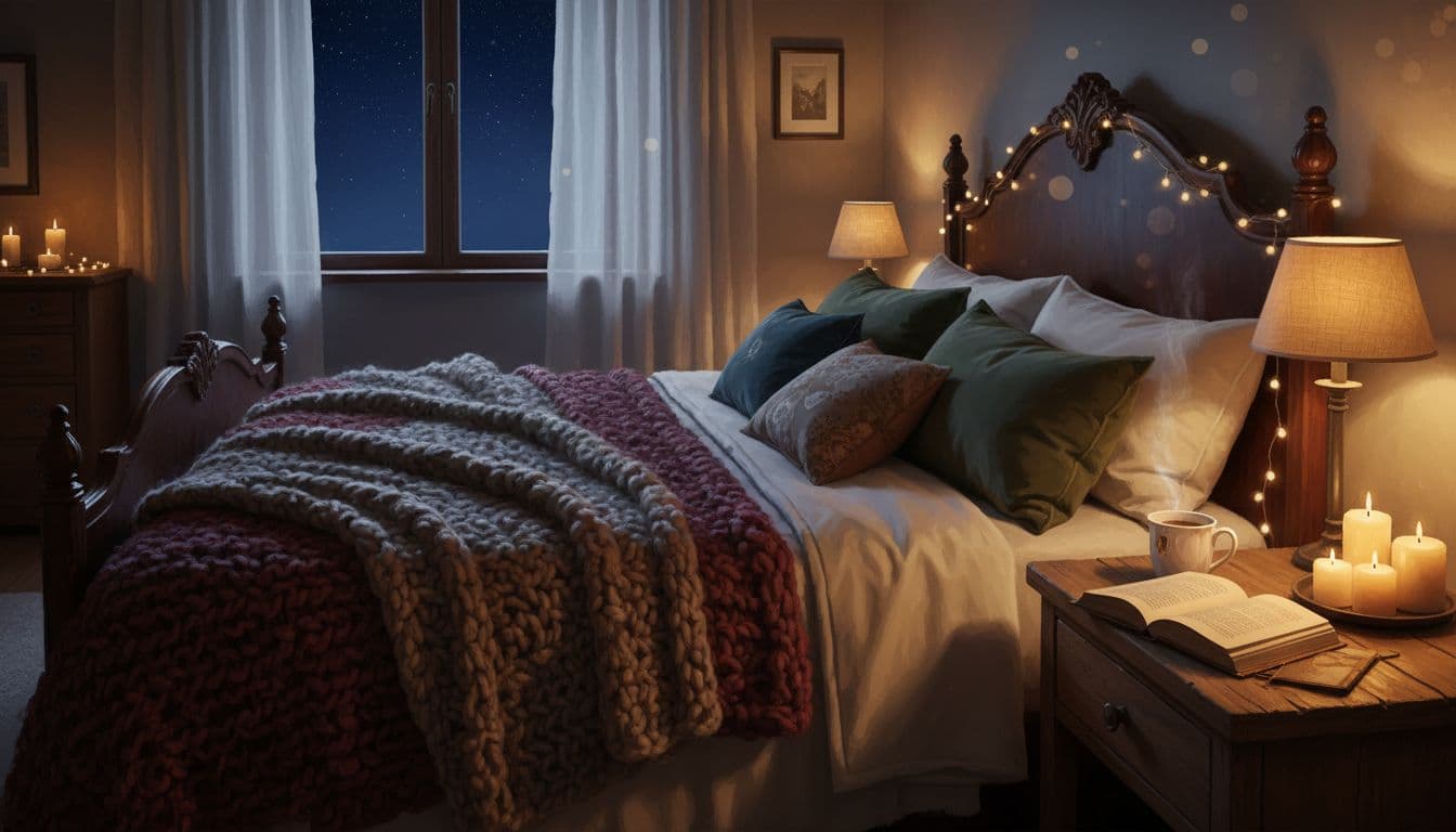 softly lit bedroom with blankets, lamps, candles, and an open book creating a calming nighttime routine