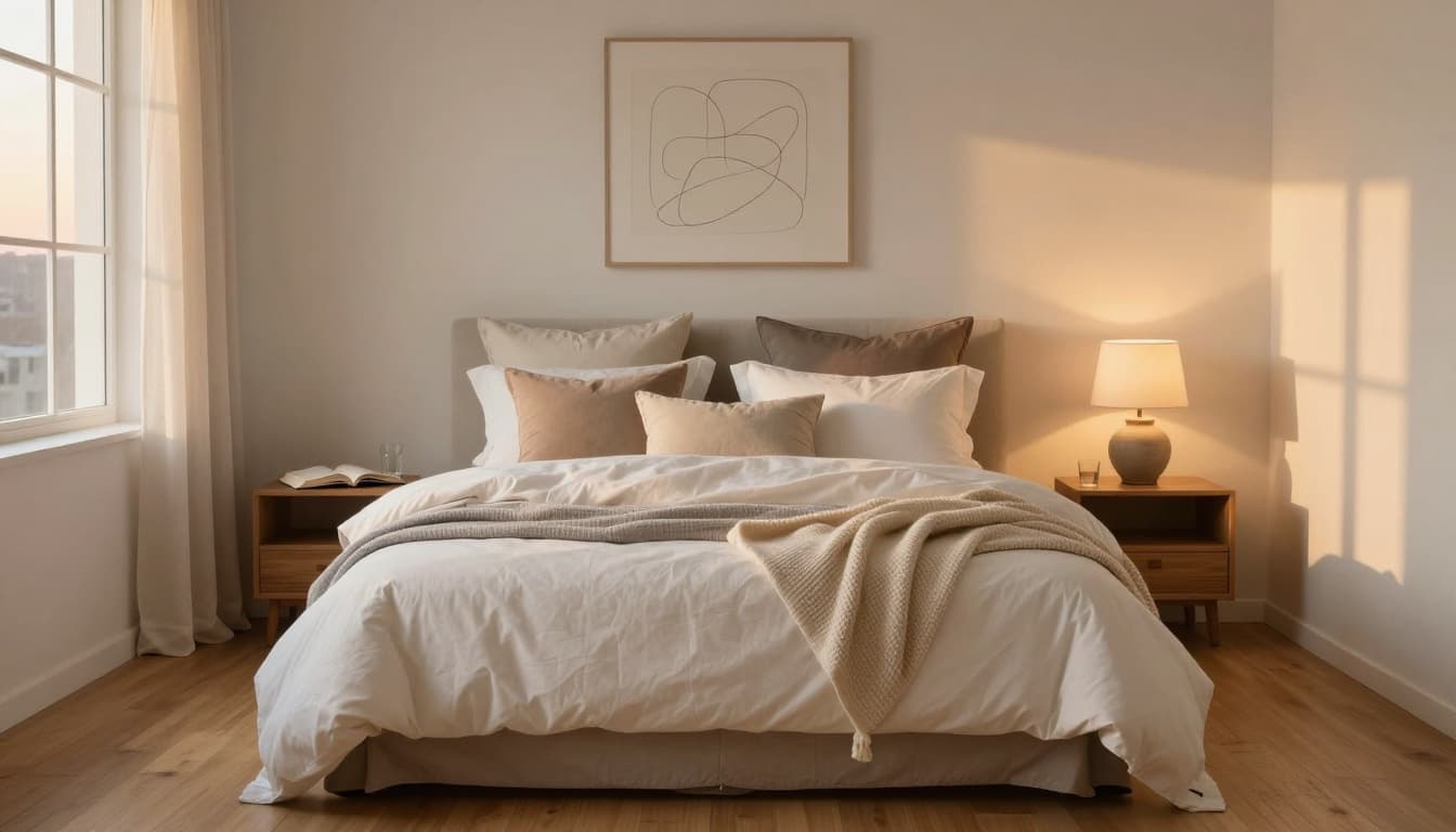 Large bed with layered pillows and blankets in a softly lit bedroom