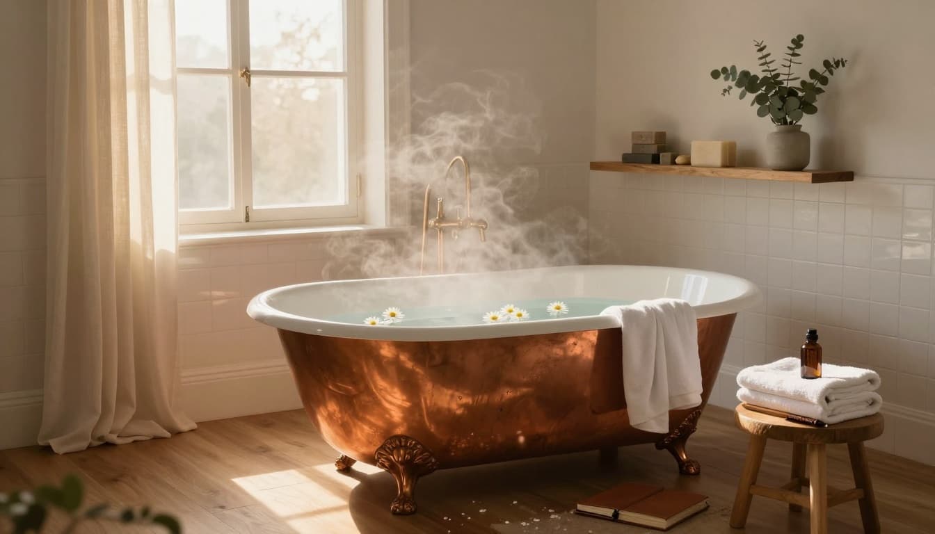 Freestanding copper bathtub in a serene bathroom filled with soft morning light and steam