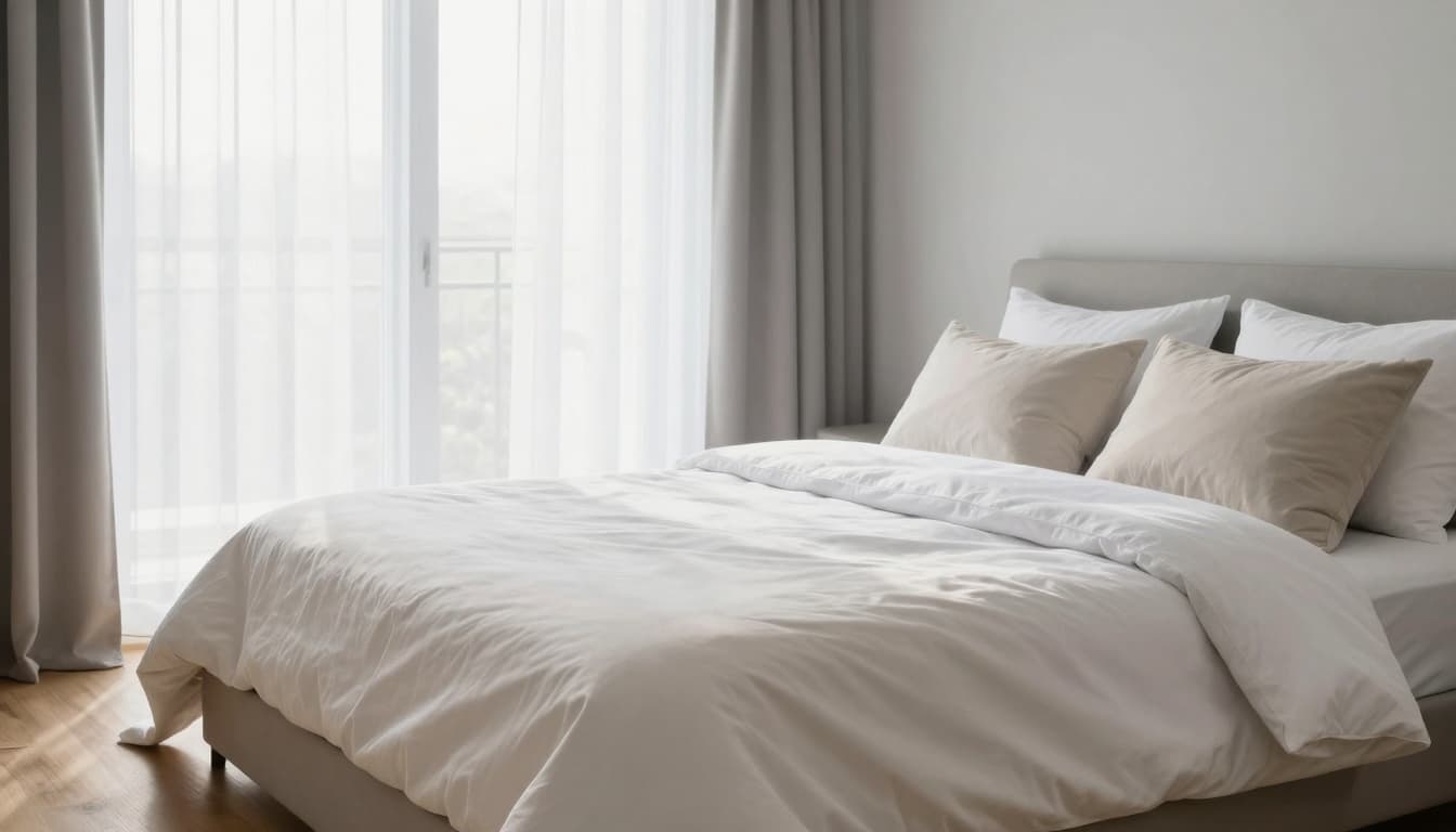 Spacious king bed with clean bedding in a bright minimalist bedroom
