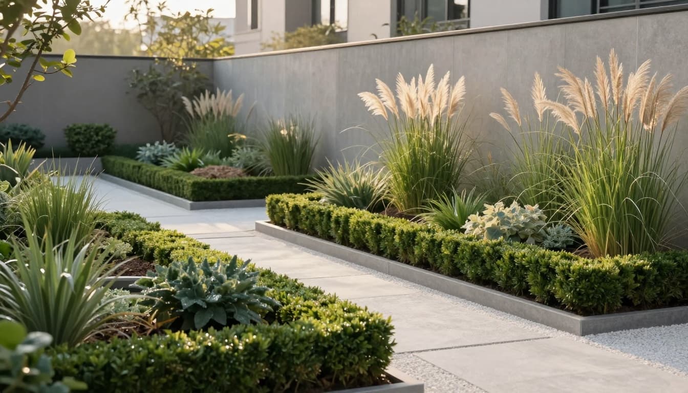 Modern garden with orderly plant rows, ornamental grasses, and structured hedges along a paved path.