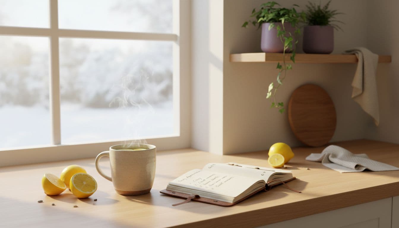 mug of warm lemon water, open notebook, and sunlight through a kitchen window for easy winter wellness habits