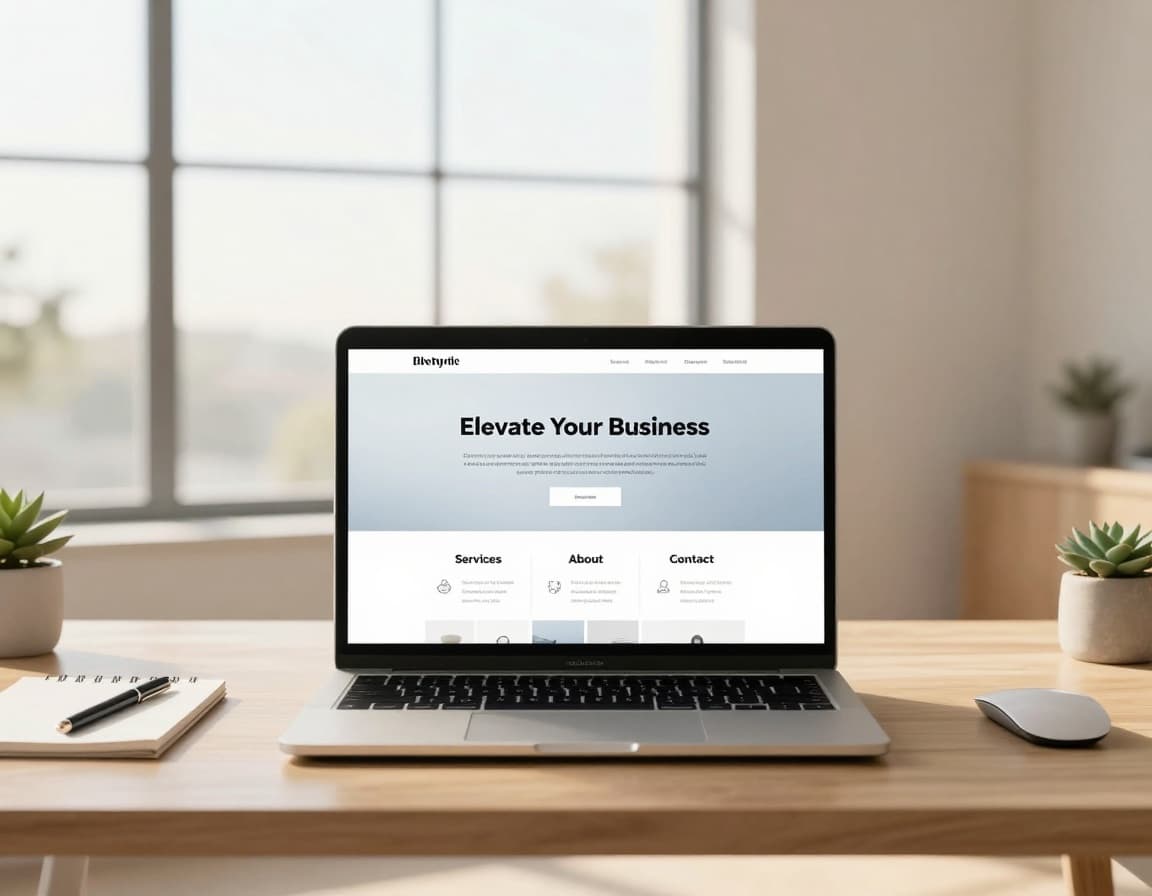 Laptop displaying a clean business website design in a bright workspace