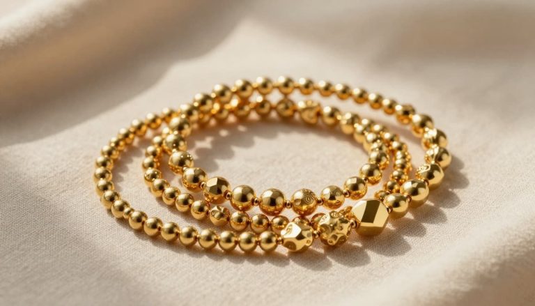 Stacked 14k gold bead bracelets arranged on a soft neutral fabric background
