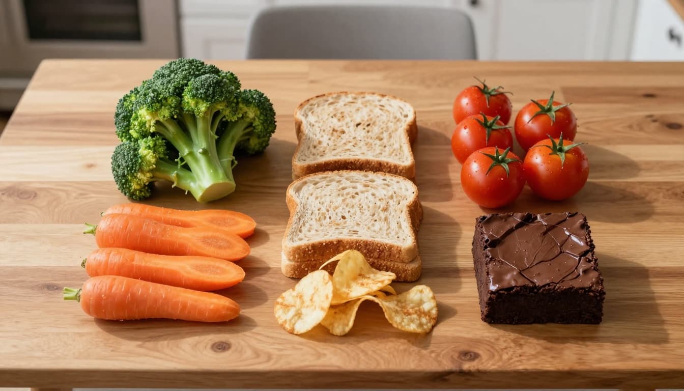 Vegetables, bread, chips, and a brownie arranged together on a wooden table