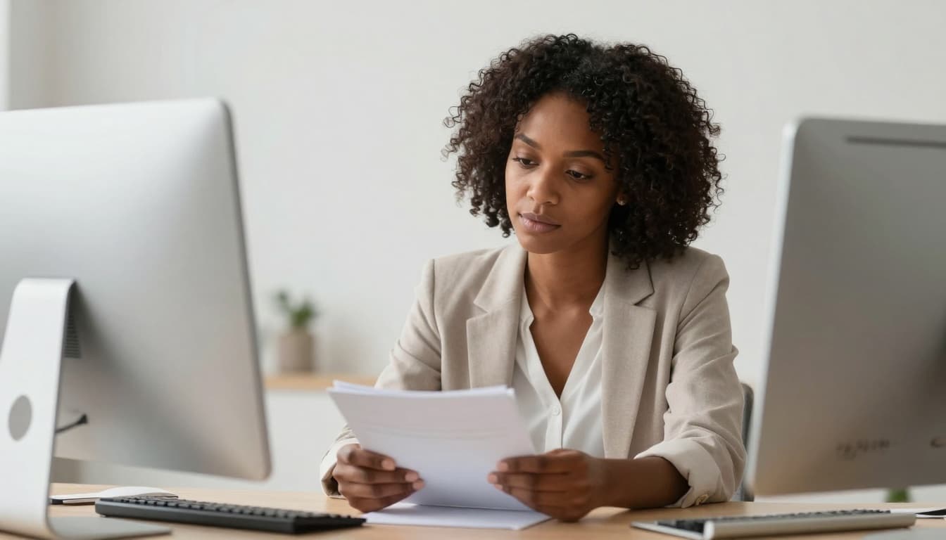 Thoughtful Black female entrepreneur reviewing documents while evaluating a PR service