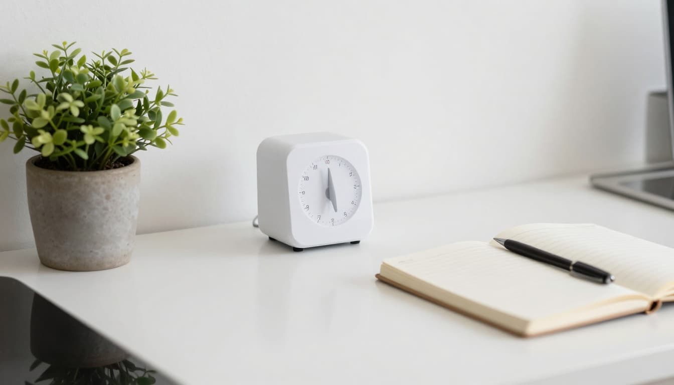 Minimal desk with timer, notebook, and plant, showing a simple daily reset routine