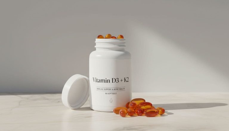 Vitamin D3 and K2 softgel capsules in a white supplement bottle