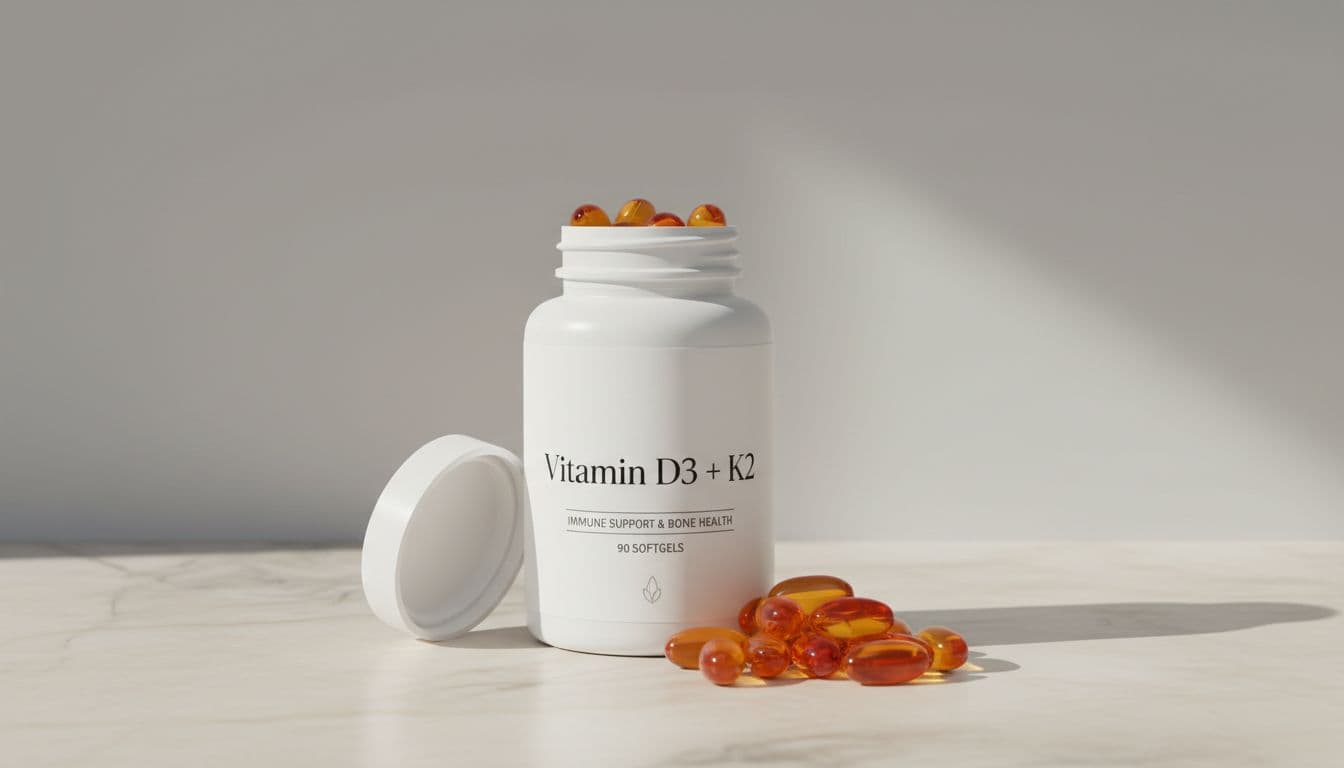 Vitamin D3 and K2 softgel capsules in a white supplement bottle