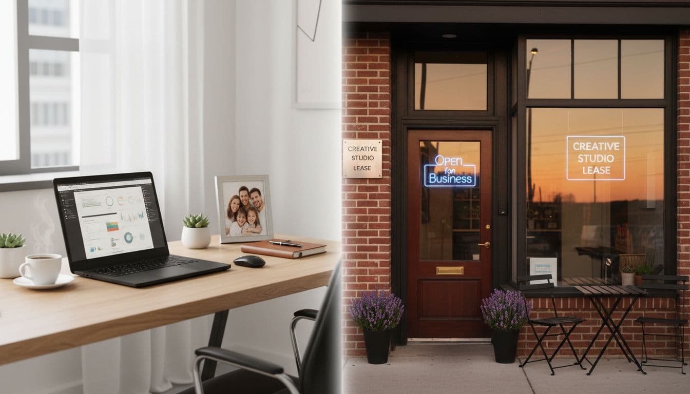 Split image showing a home office workspace and a rented storefront business location