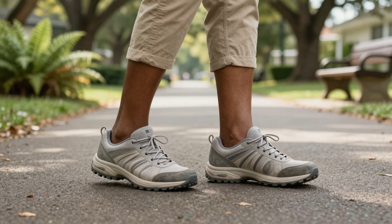 Comfortable walking shoes on a park path representing the benefits of walking