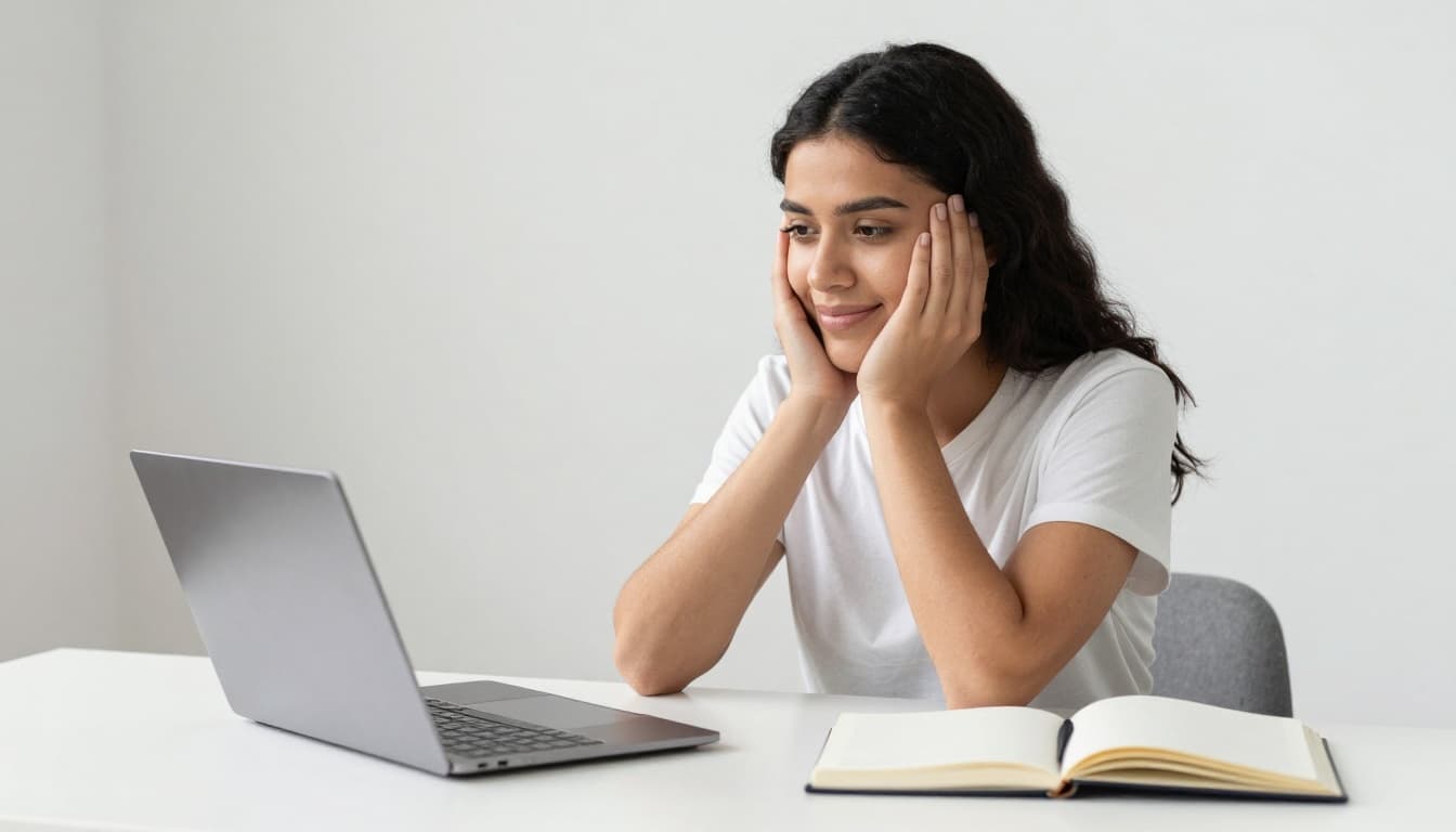 Young woman planning her au pair journey using a laptop and notebook
