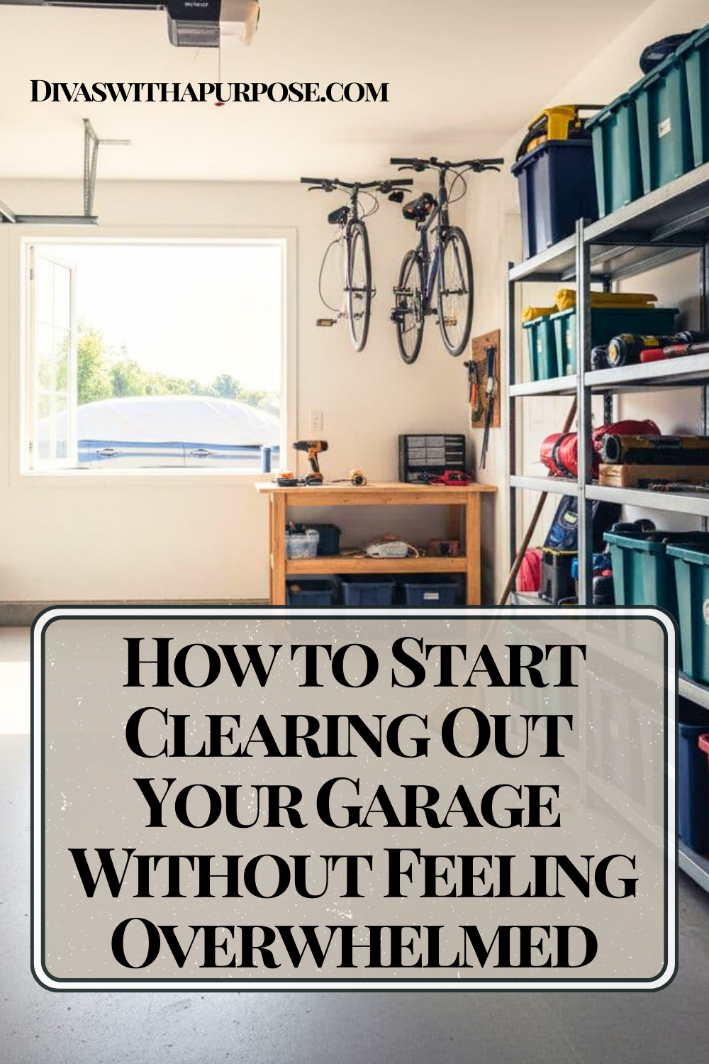 Organized garage with storage shelves and bins, showing how to start clearing out your garage without feeling overwhelmed