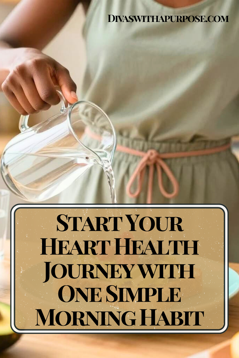 Woman pouring water from a glass pitcher in a bright kitchen, promoting a simple morning habit to support heart health and wellness.