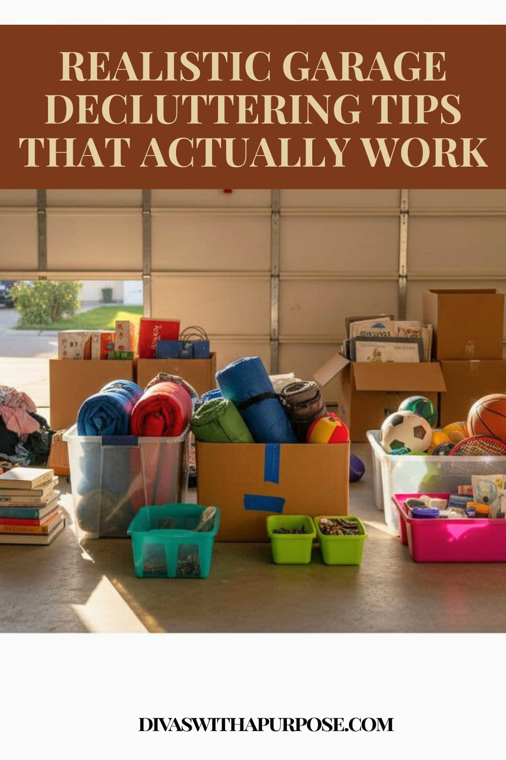 Colorful bins and boxes sorted on a garage floor illustrating realistic garage decluttering tips that help simplify organization