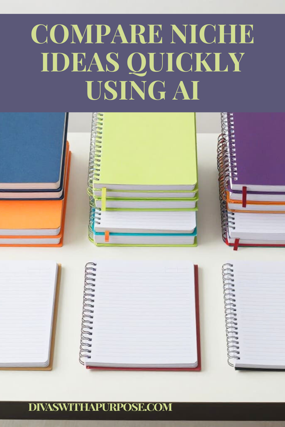 Colorful notebooks arranged on a desk to represent comparing niche ideas quickly using AI for content strategy and planning.