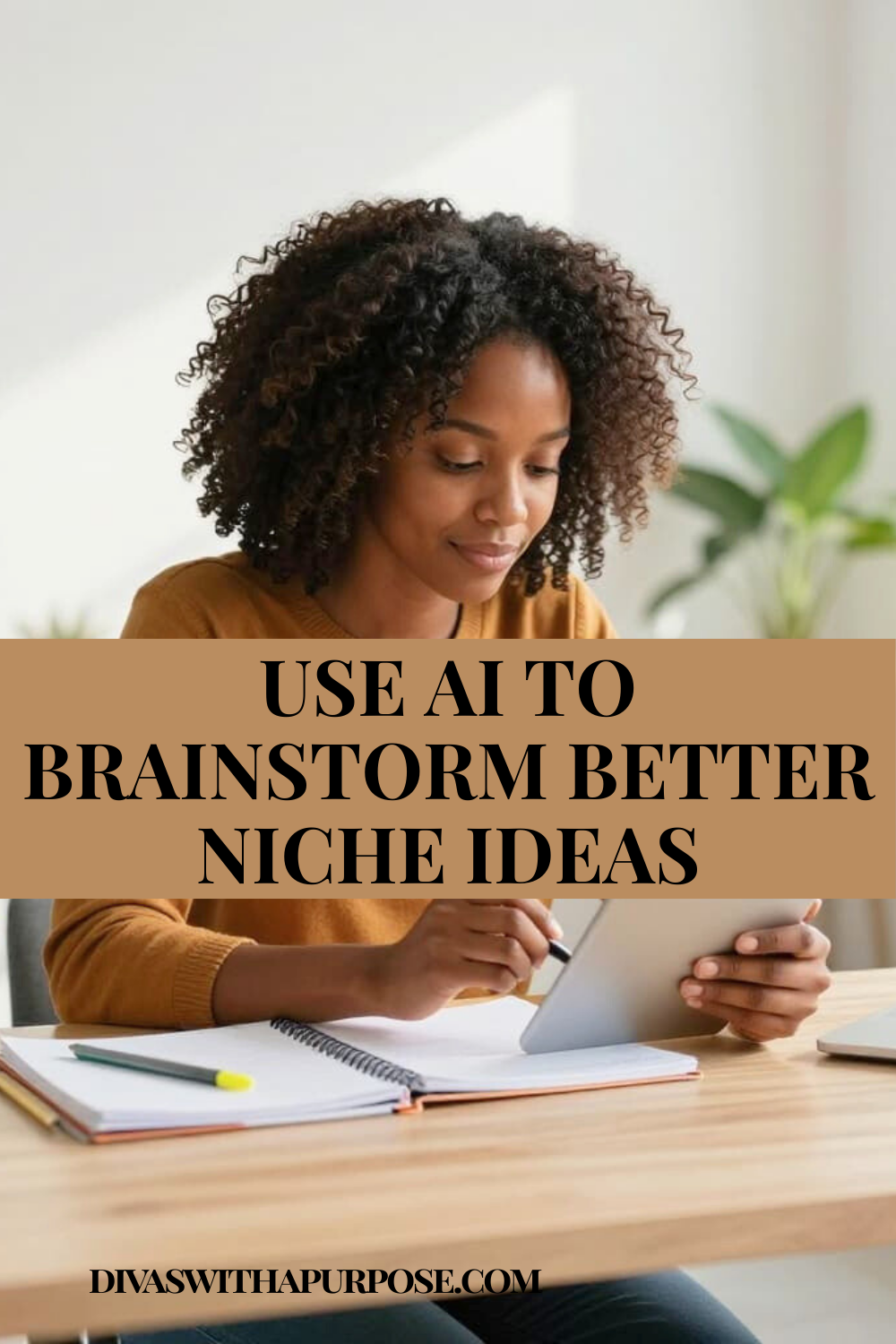 Woman writing notes at a desk while using a tablet, illustrating brainstorming niche ideas with AI in a bright workspace
