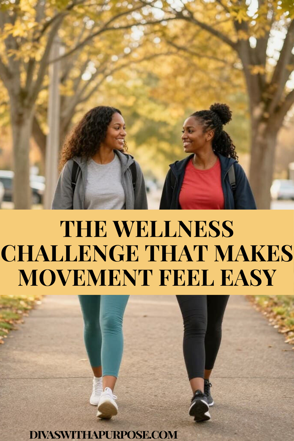 Two women walking outdoors on a tree-lined path, showing gentle movement and walking as part of a heart health wellness challenge.