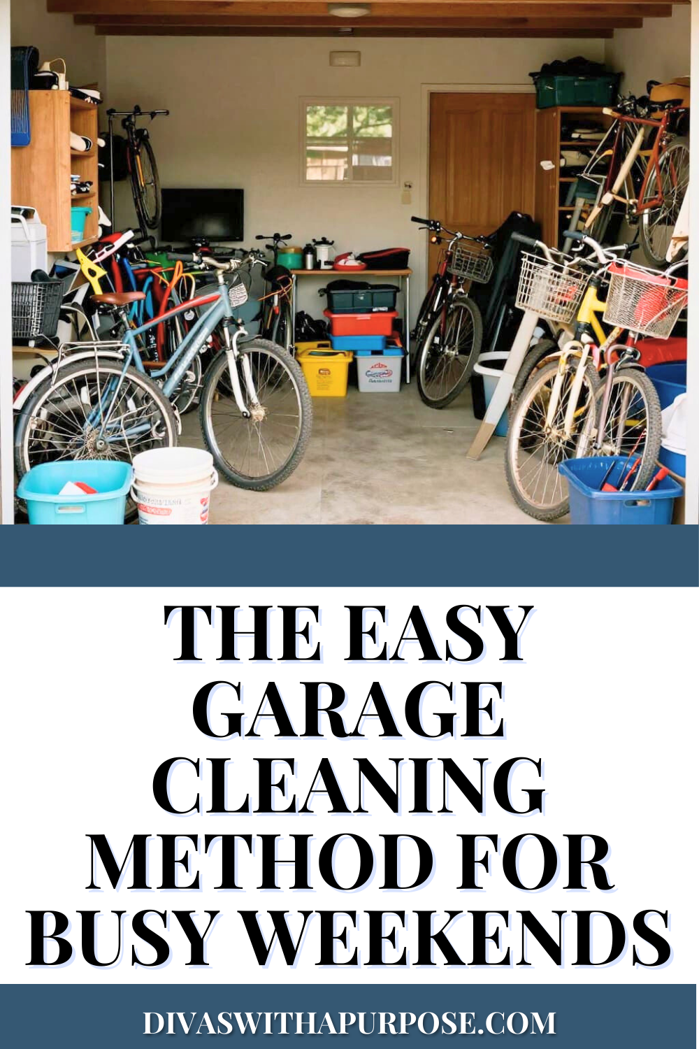 Cluttered garage with bicycles and storage bins representing an easy garage cleaning method for busy weekends