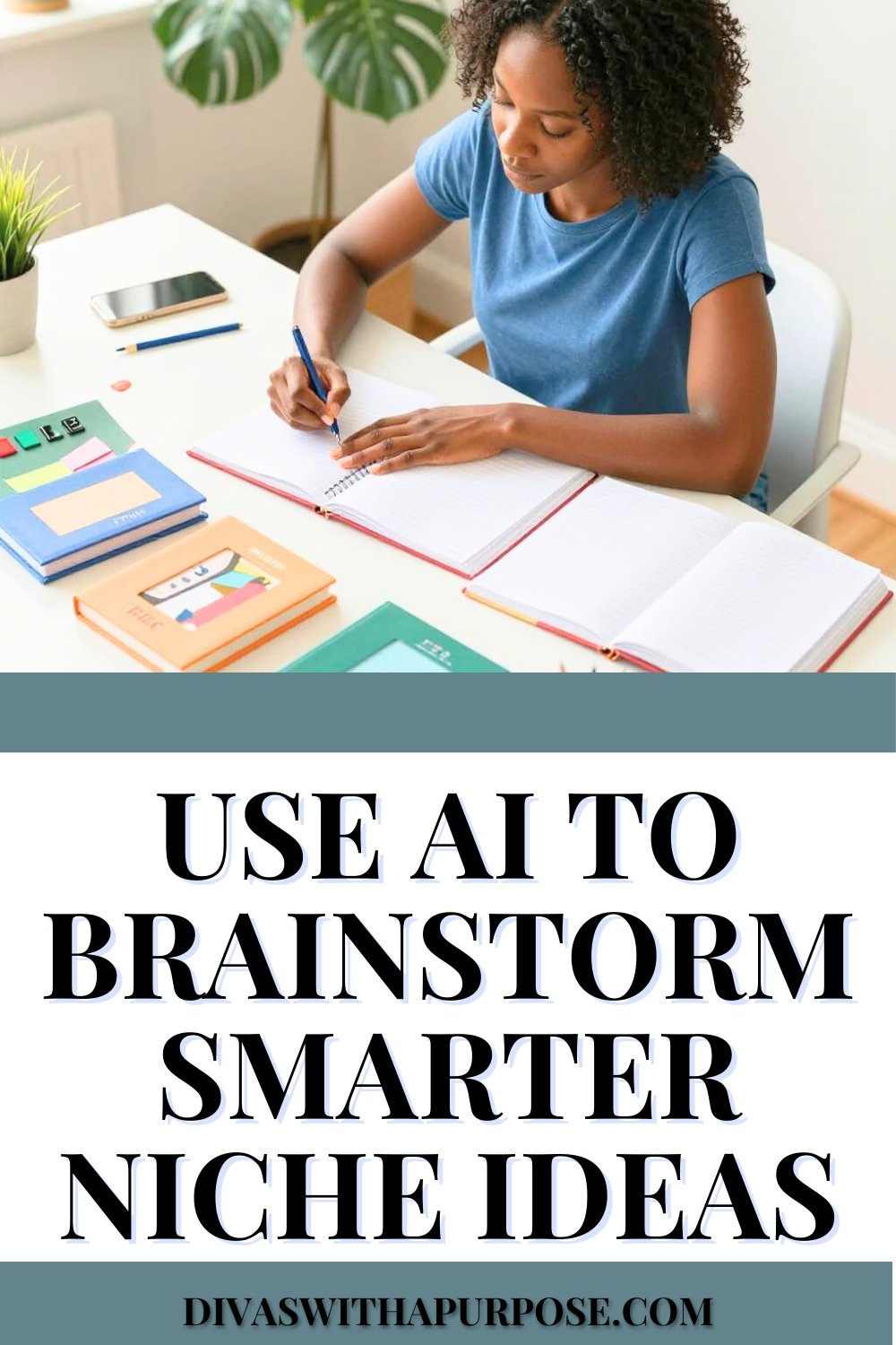 Woman brainstorming ideas in a notebook at a bright workspace, illustrating how AI can help generate smarter niche ideas.
