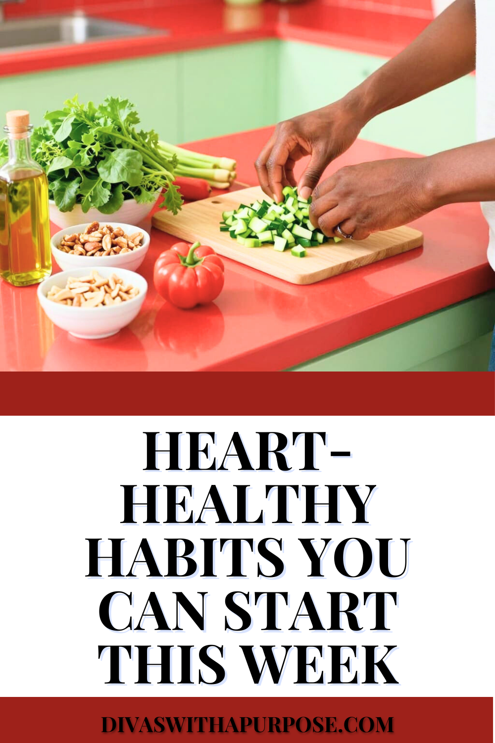 Hands preparing fresh vegetables on a cutting board in a colorful kitchen, representing heart-healthy eating habits and simple meal prep.
