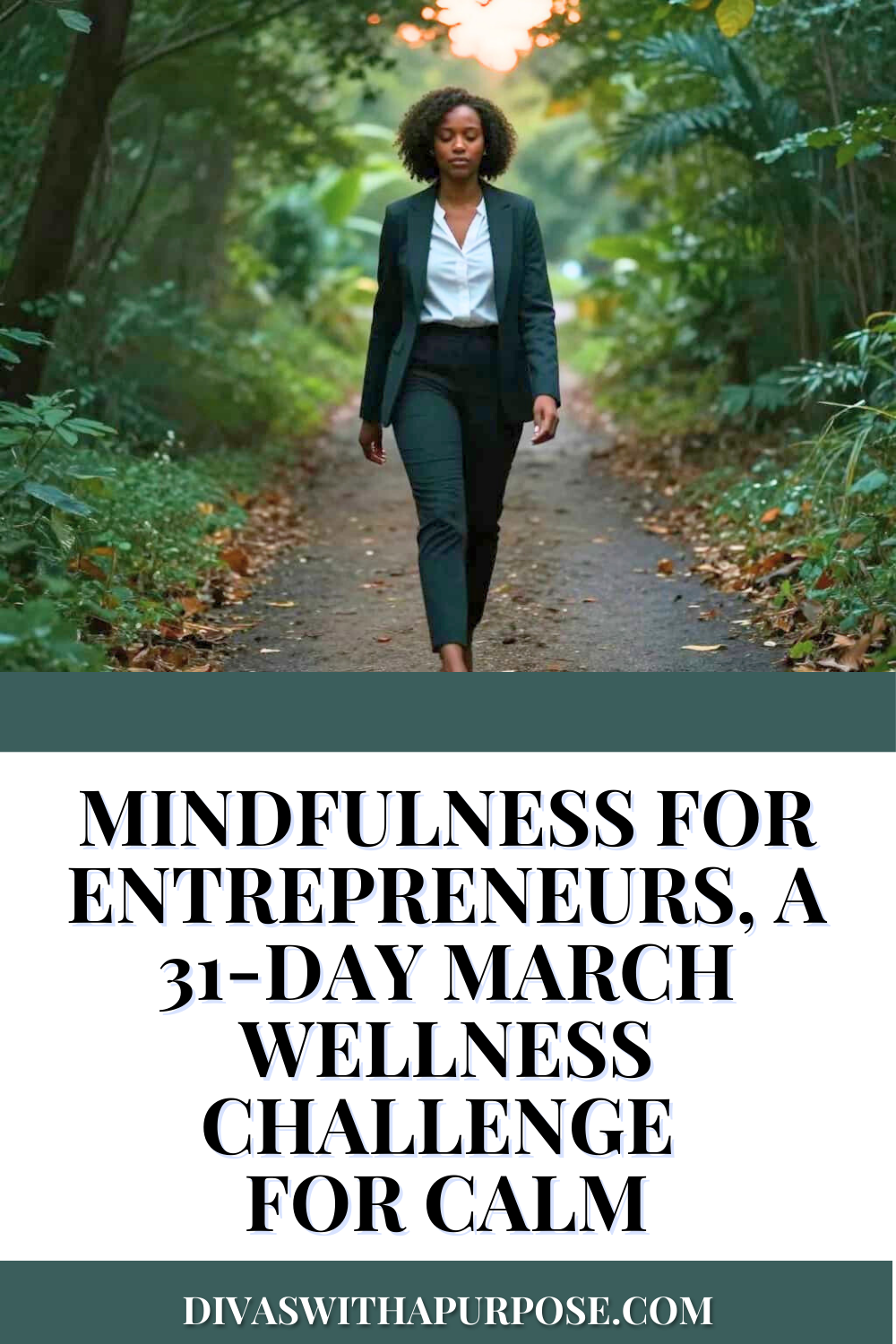 Black businesswoman walking calmly down a lush green path at sunset, wearing a black suit and white blouse, practicing mindful movement outdoors.