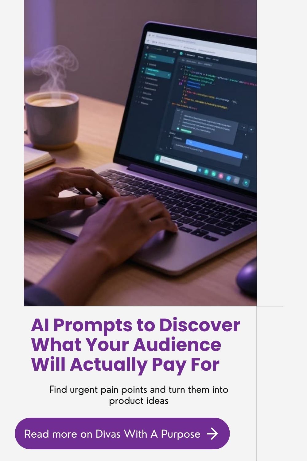 Close up of a Black woman’s hands typing on a laptop using AI to research audience struggles and product ideas
