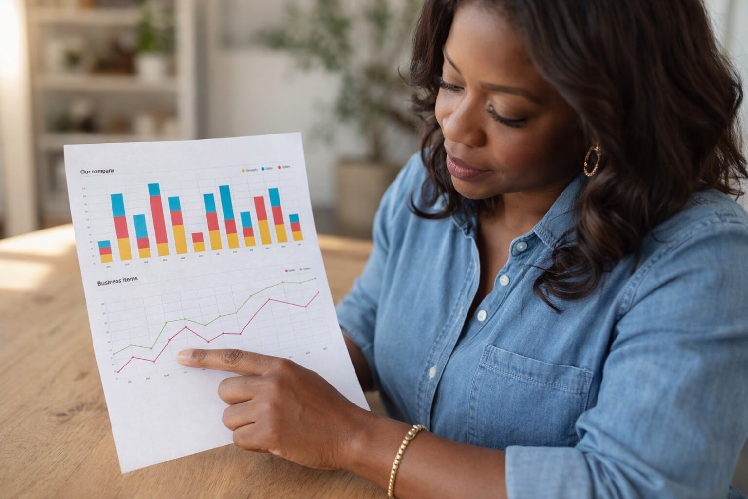 Black woman in her 40s reviewing business growth charts and trends at a desk