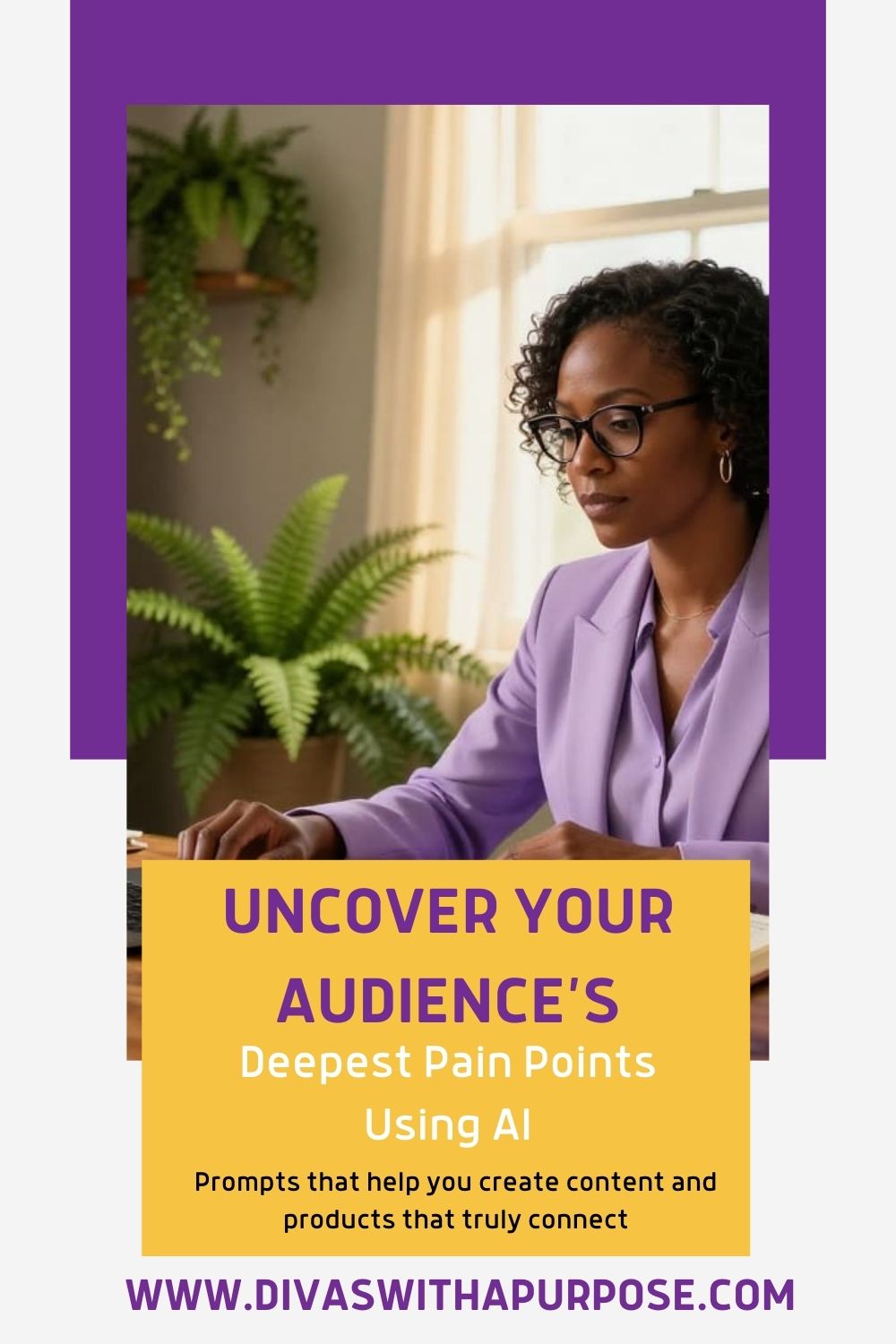 Black woman entrepreneur working on her laptop in a home office while researching audience pain points using AI