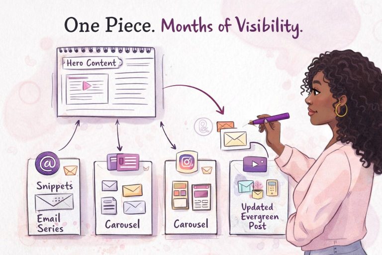 Illustrated Black woman mapping out how one blog post becomes emails, carousels, and updated evergreen content for months of visibility