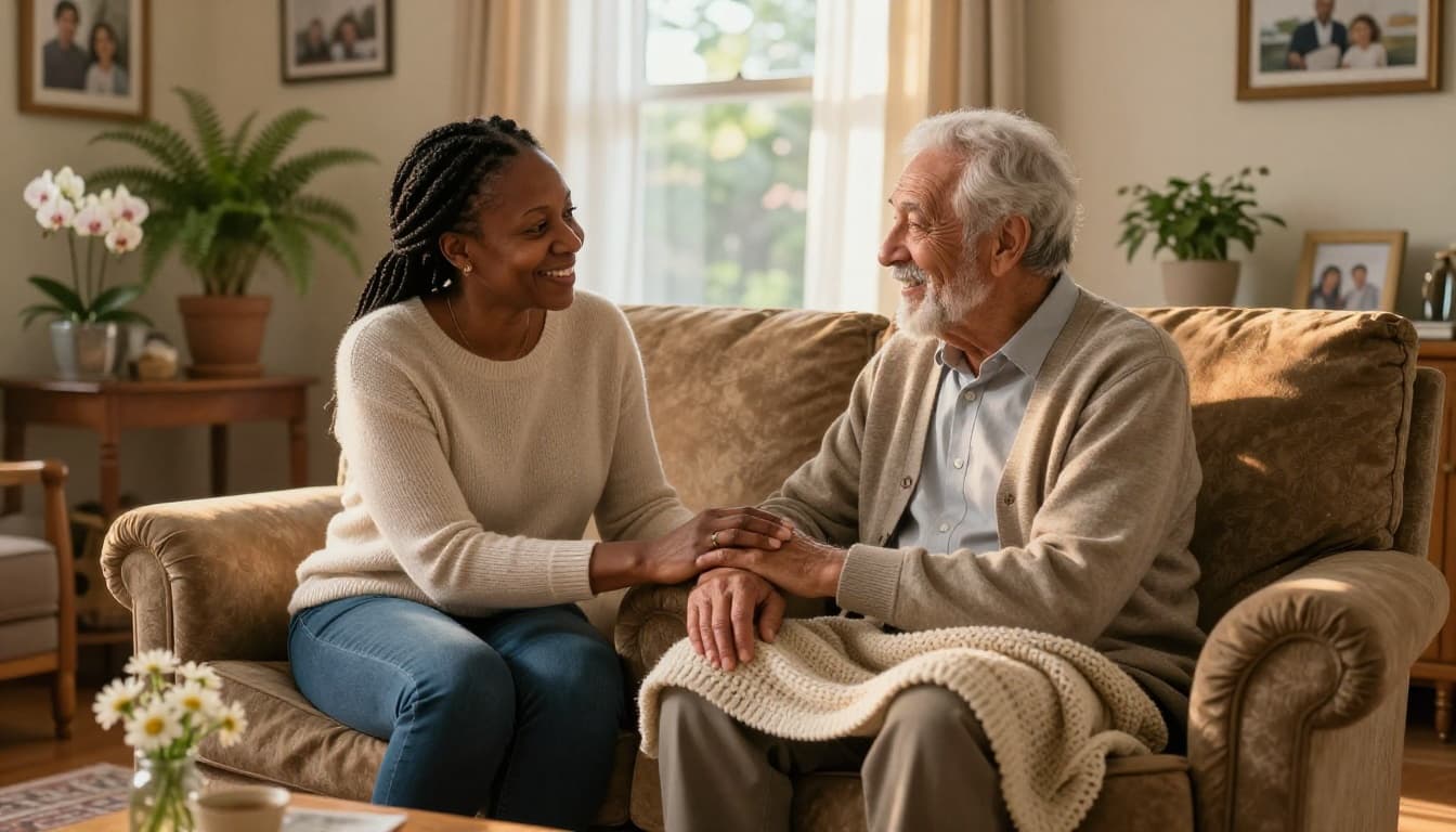 Middle-aged African American woman holding hands with elderly father in senior care setting