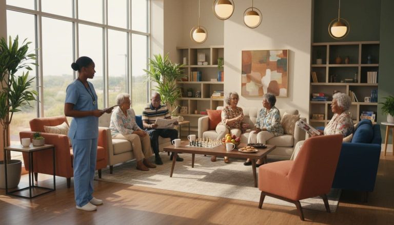 African American seniors socializing in bright and welcoming senior living common area