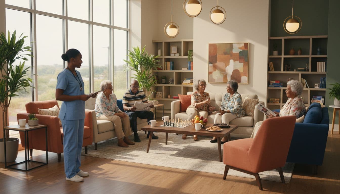 African American seniors socializing in bright and welcoming senior living common area