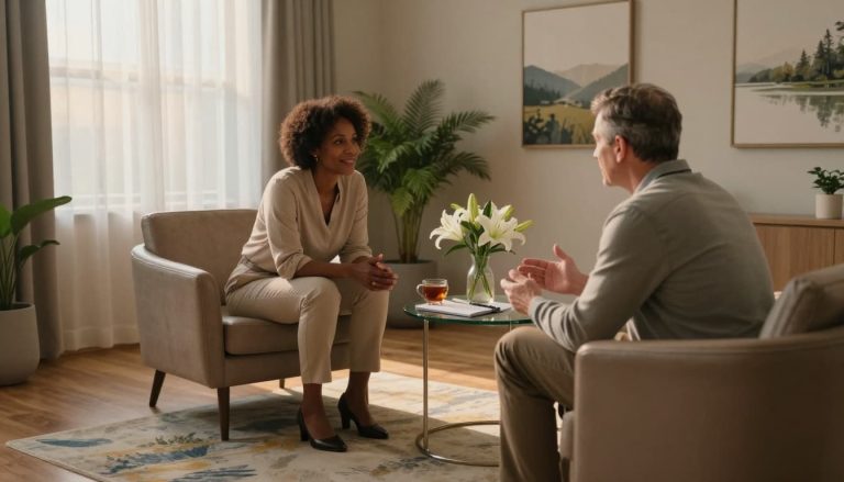 One-on-one counseling session between therapist and client in a luxury rehab setting