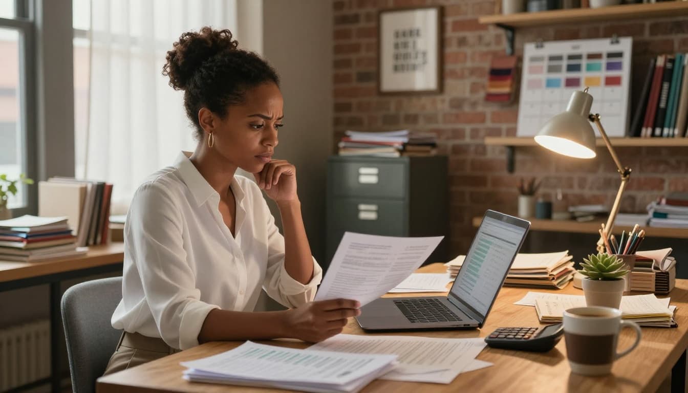 Business owner reviewing financial documents and invoices at a desk