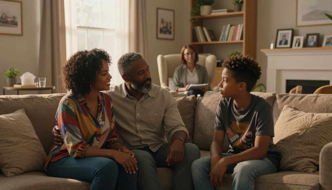 Black family participating in a therapy session with their teenage child
