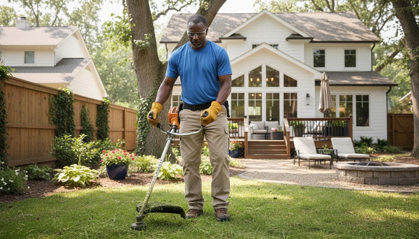Professional landscaper trimming a front lawn with a string trimmer in a residential neighborhood