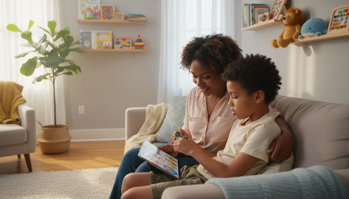 Black mother sitting with her autistic son on the couch using a tablet autism support app together at home