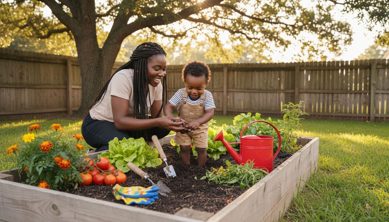 Mother and toddler gardening together in backyard raised bed