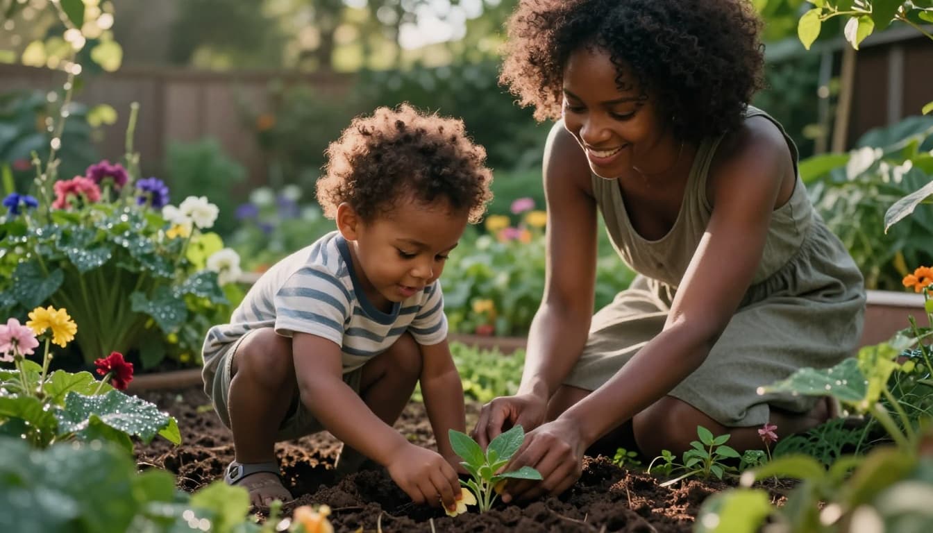 Black toddler planting in soil while mother supports nearby in a colorful garden