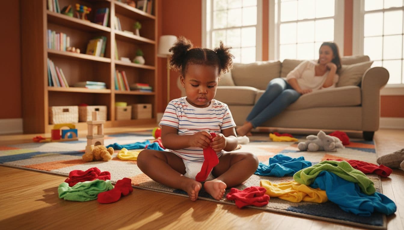 Toddler girl sorting colorful clothes on living room floor while parent watches