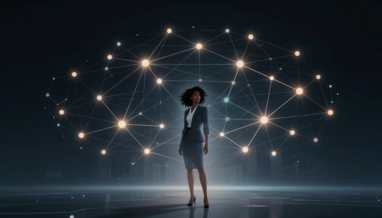 Black woman entrepreneur standing within a digital network visualization symbolizing vendor relationships