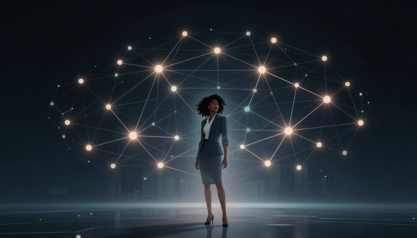 Black woman entrepreneur standing within a digital network visualization symbolizing vendor relationships
