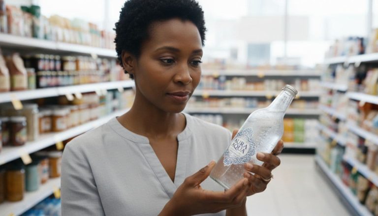 Black woman reading mineral water label in grocery store